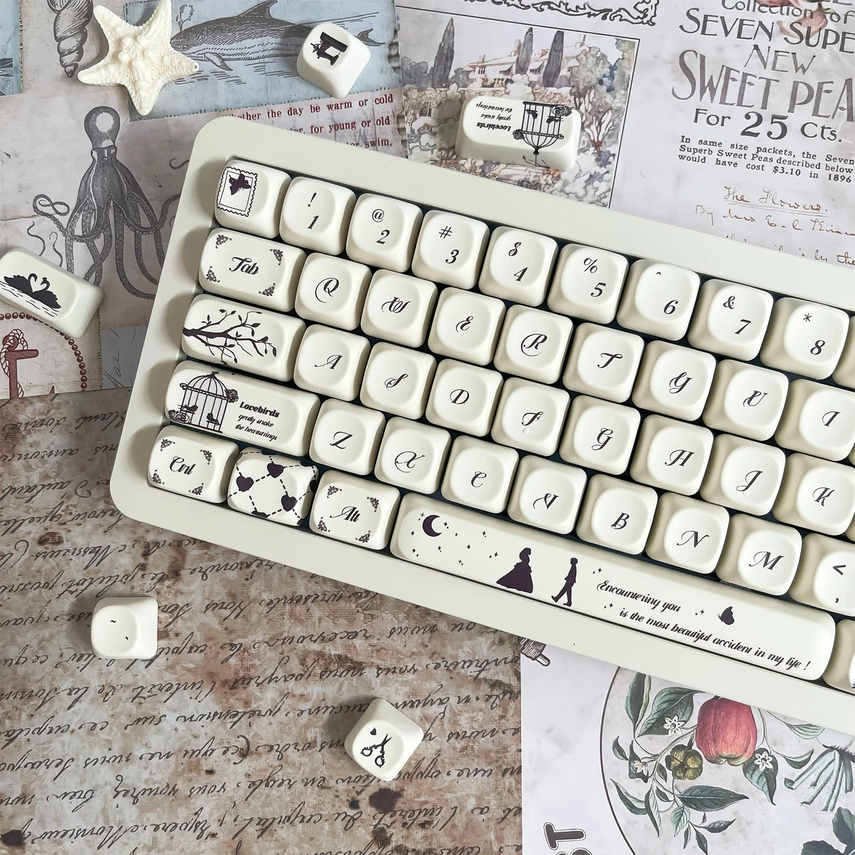 Encounter Romantic Series Keycap Set: views highlight soft pastel hues, delicate full dye-sublimated illustrations, and durable PBT.
