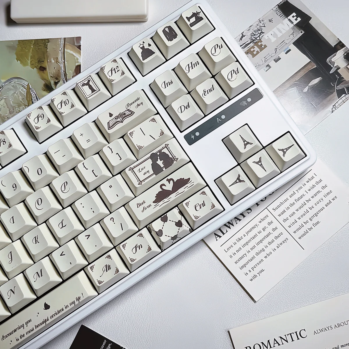 Close-up of the Encounter Romantic Series Keycap Set, showcasing its durable PBT construction and full dye-sublimation of delicate pastel illustration.