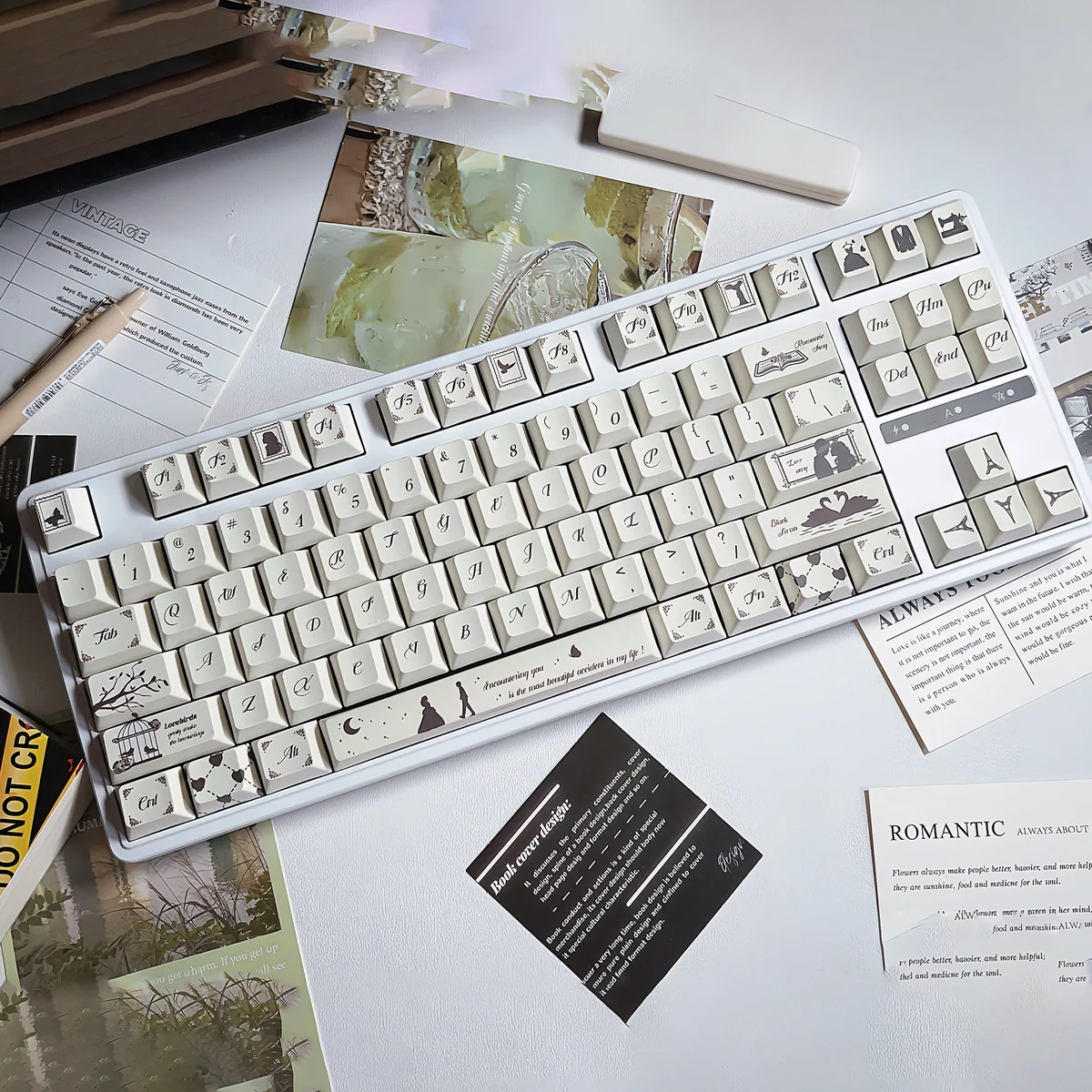 Opaque PBT Encounter Romantic Series Keycap Set, featuring soft pastel hues and delicate dye-sublimated illustrations.
