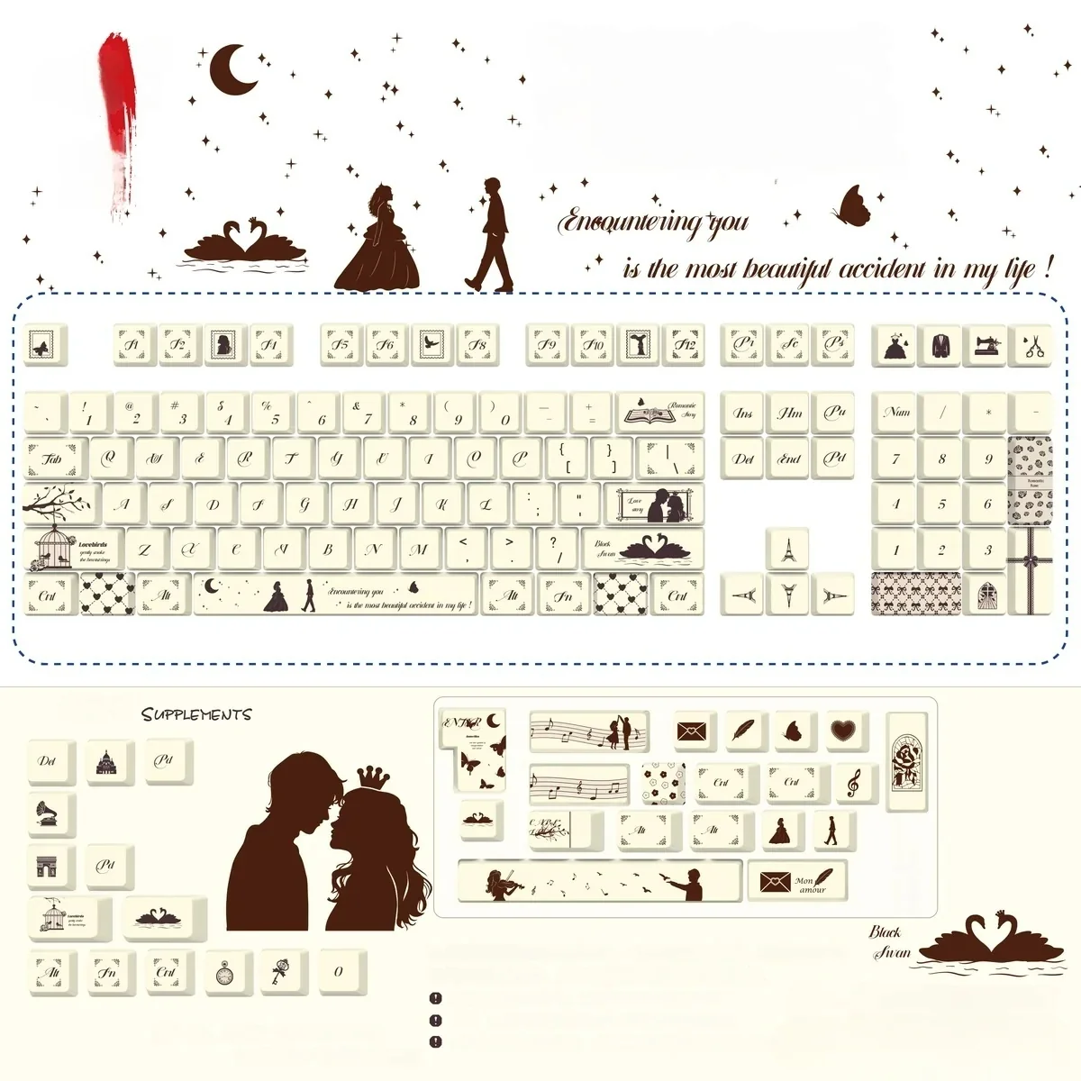 Encounter Romantic Series Keycap Set, front-lit small PBT dye-sublimation set with delicate pastel illustrations.