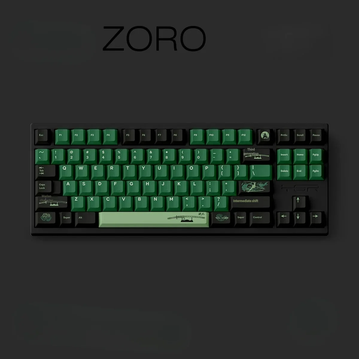 Roronoa Zoro PBT keycaps set, displaying vibrant Roronoa Zoro artwork and Santoryu motifs. Durable PBT with crisp dye-sub legends.