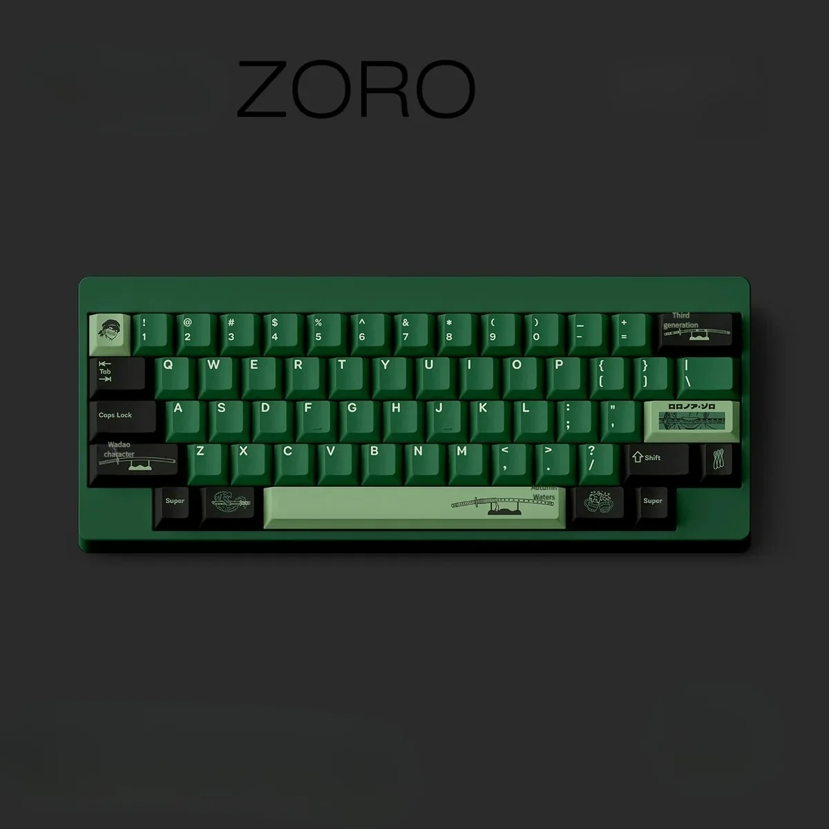 Roronoa Zoro PBT dye-sub keycaps set from multiple angles, showcasing vibrant Roronoa Zoro artwork, crisp legends, and durable PBT construction.