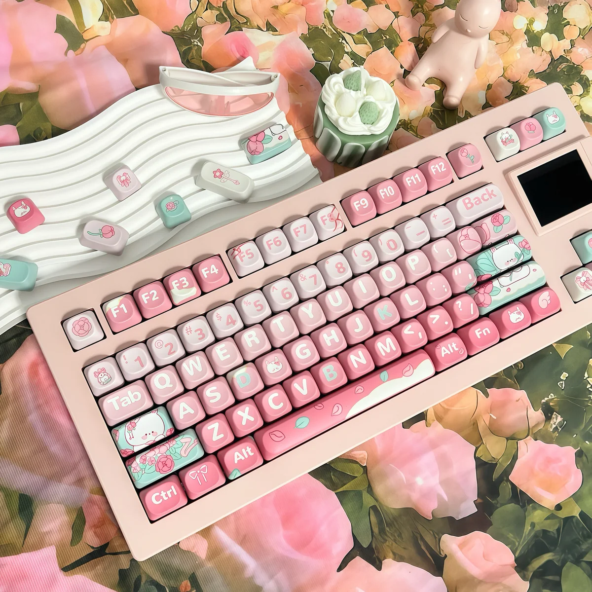 Charming Pink Rose Bunny PBT keycaps set from the Garden Set, showcasing various angles of the whimsical pastel rabbit and rose motifs.
