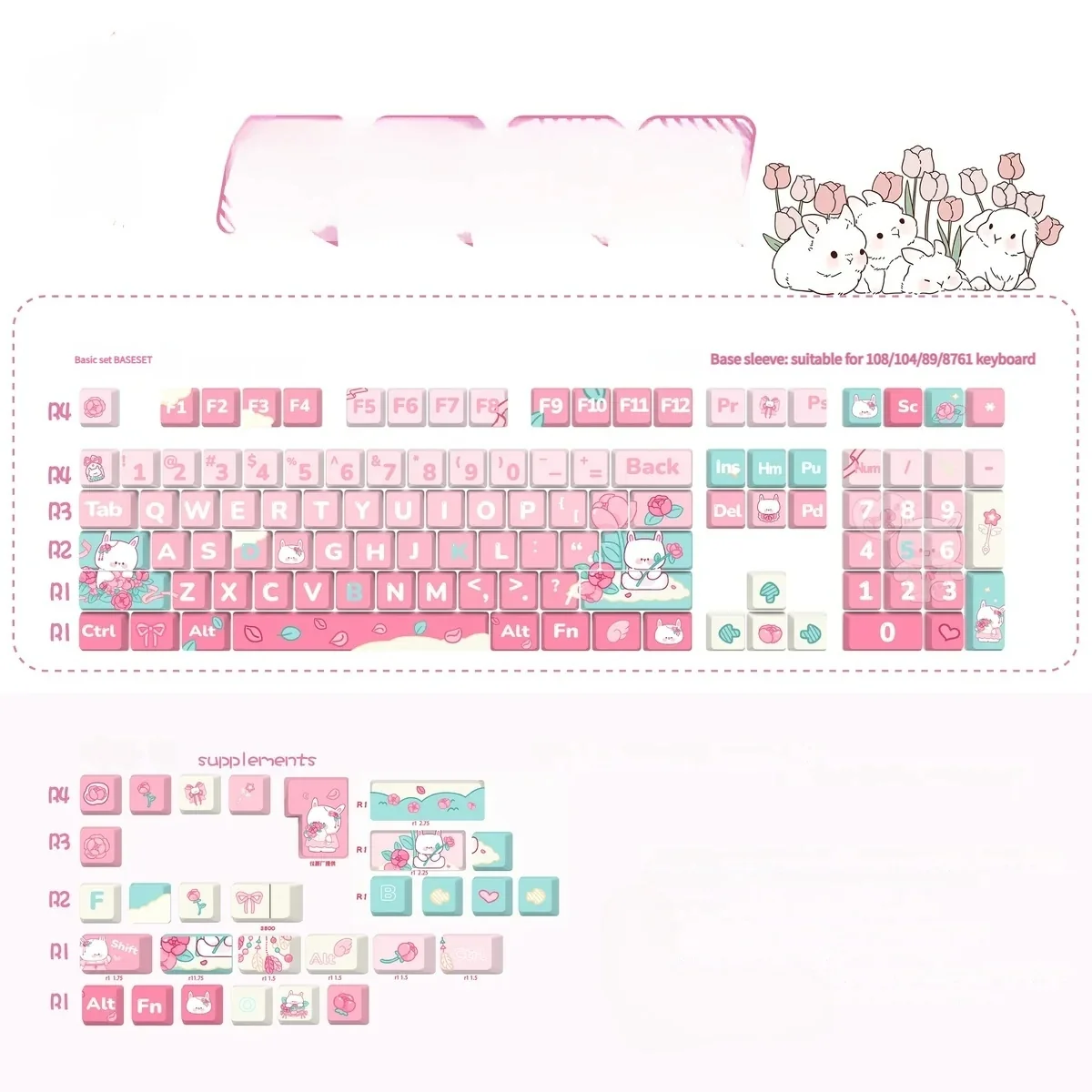 Charming opaque Pink Rose Bunny PBT keycaps set, a small full set with whimsical rose and rabbit designs, ideal for a dreamy garden keyboard.