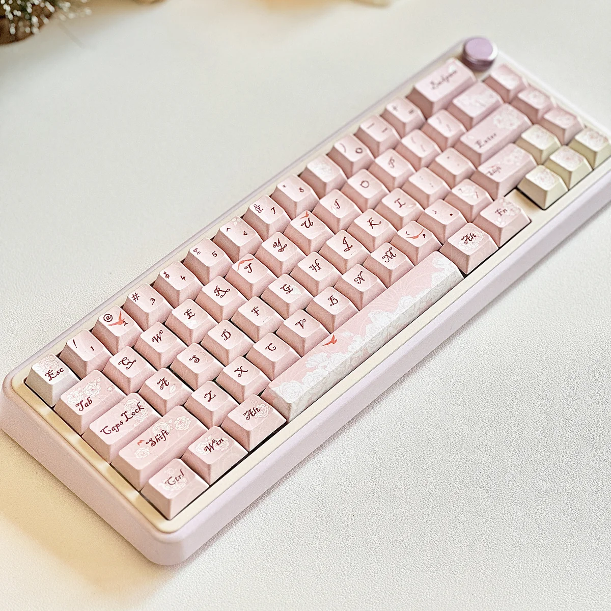 Rose PBT Keycaps set, intricately designed with romantic diary elements, delicate roses, vintage stationery, and love letter motifs, viewed from artistry feel.