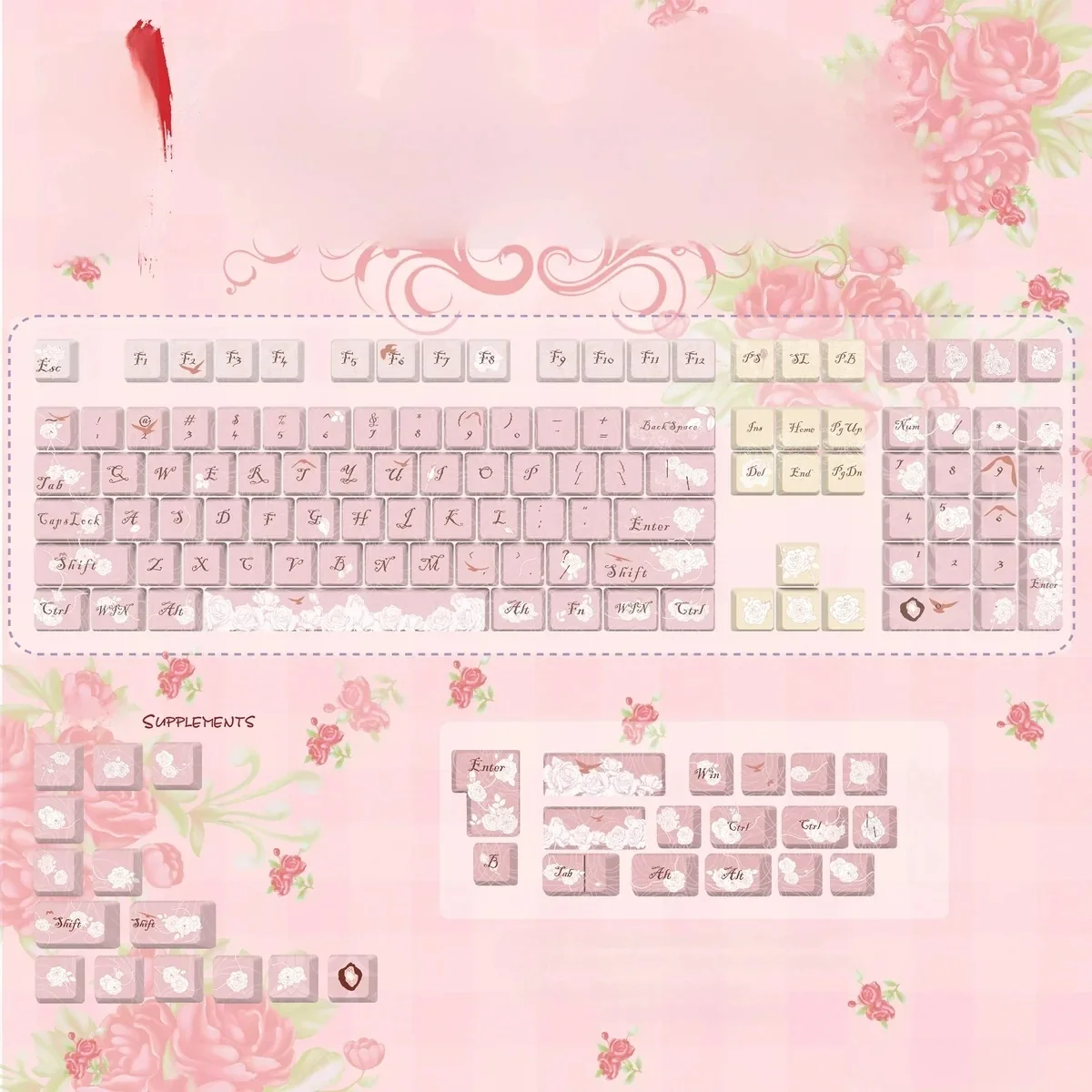 A collection of Rose Letter PBT Keycaps Set, showcasing their exquisite romantic diary design from various angles, featuring delicate roses and vintage setup.