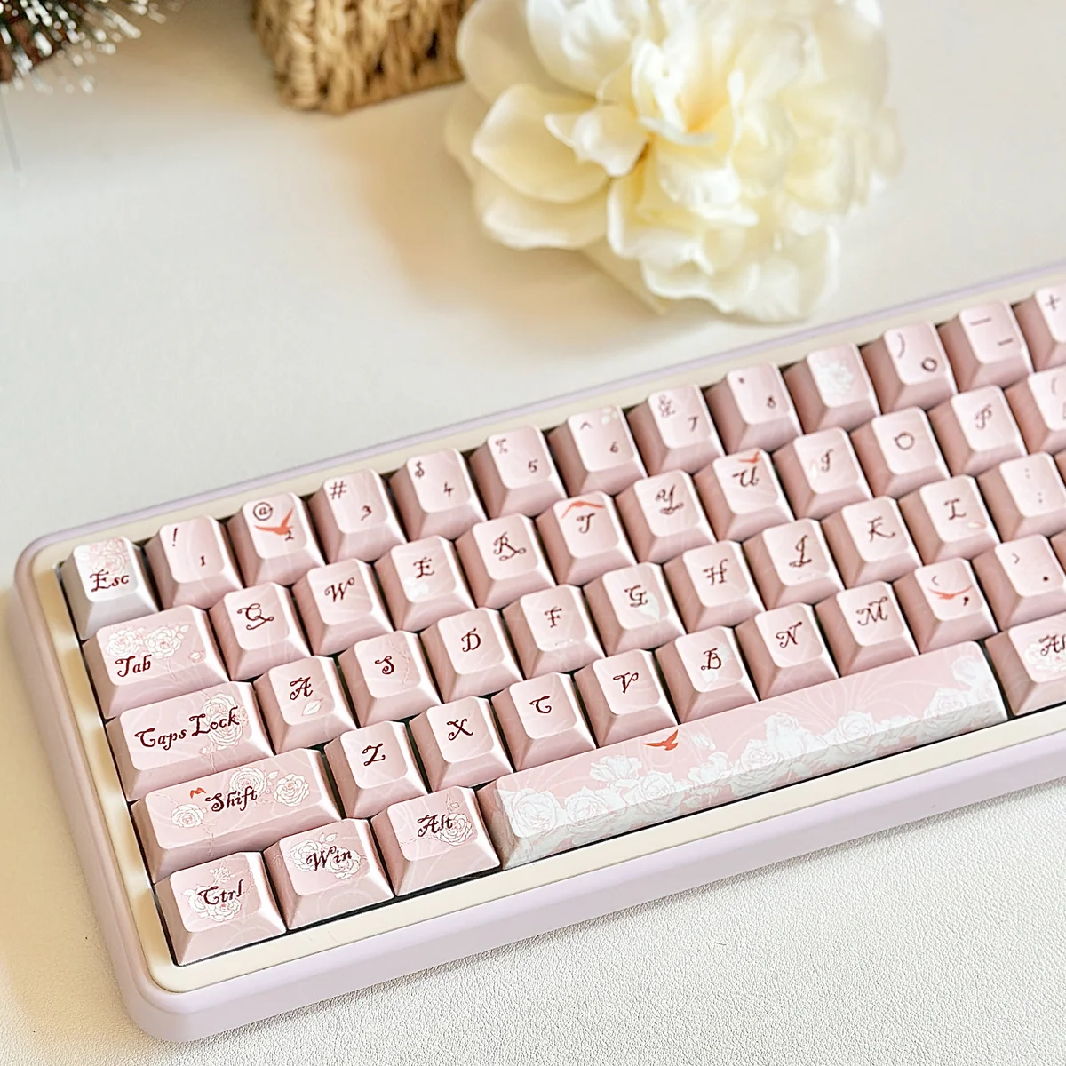 Rose Letter PBT Keycaps set, showcasing the exquisite romantic diary design with delicate roses and vintage stationery motifs from various angles.