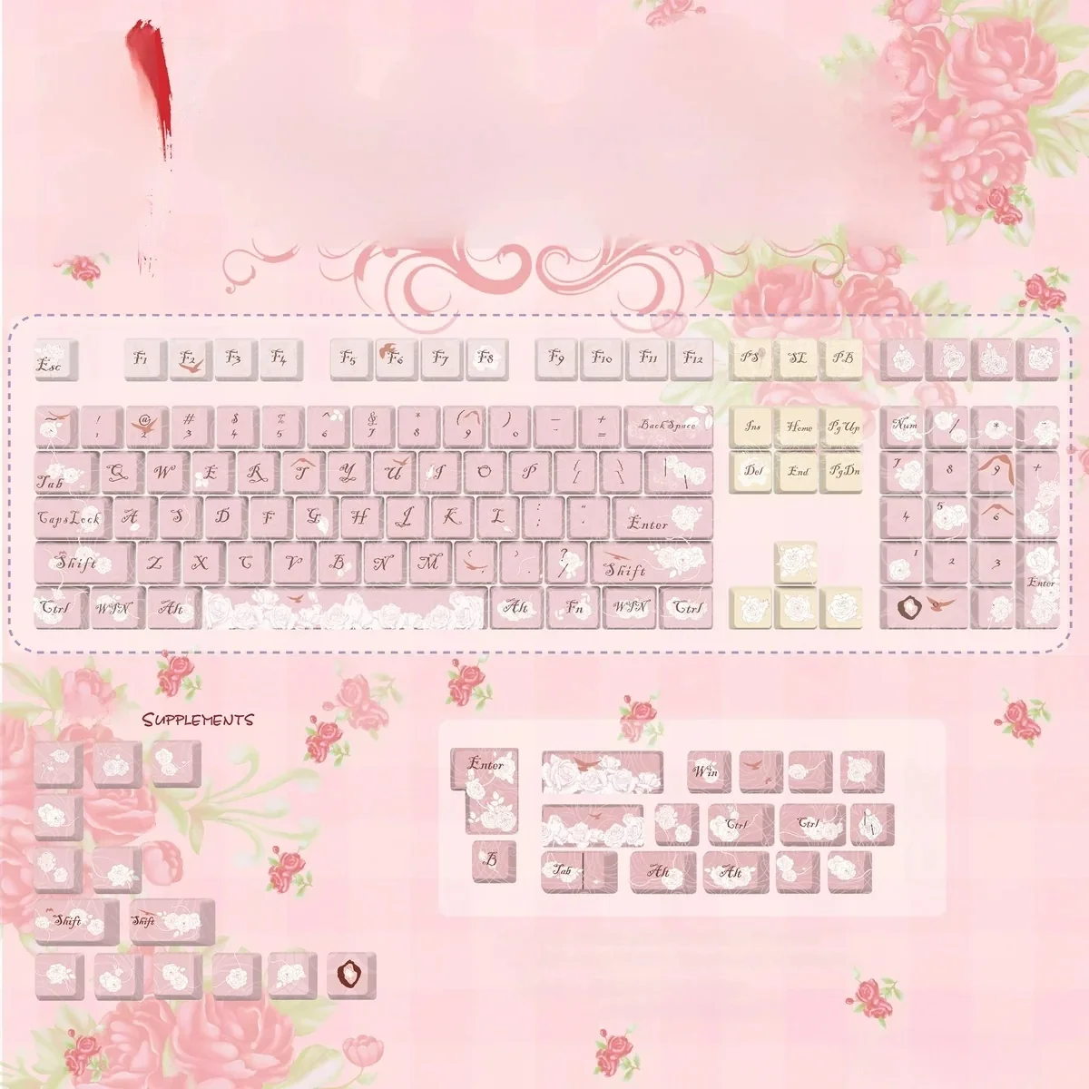 Rose PBT Keycaps small full set, front light-transmitting, featuring exquisite romantic diary design with delicate roses.