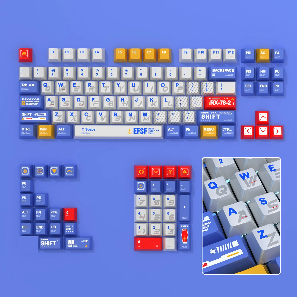 Gundam Pearlescent Metallic PBT keycaps full set for Wooting, showcasing gleaming mecha aesthetics and magnetic switch compatibility.