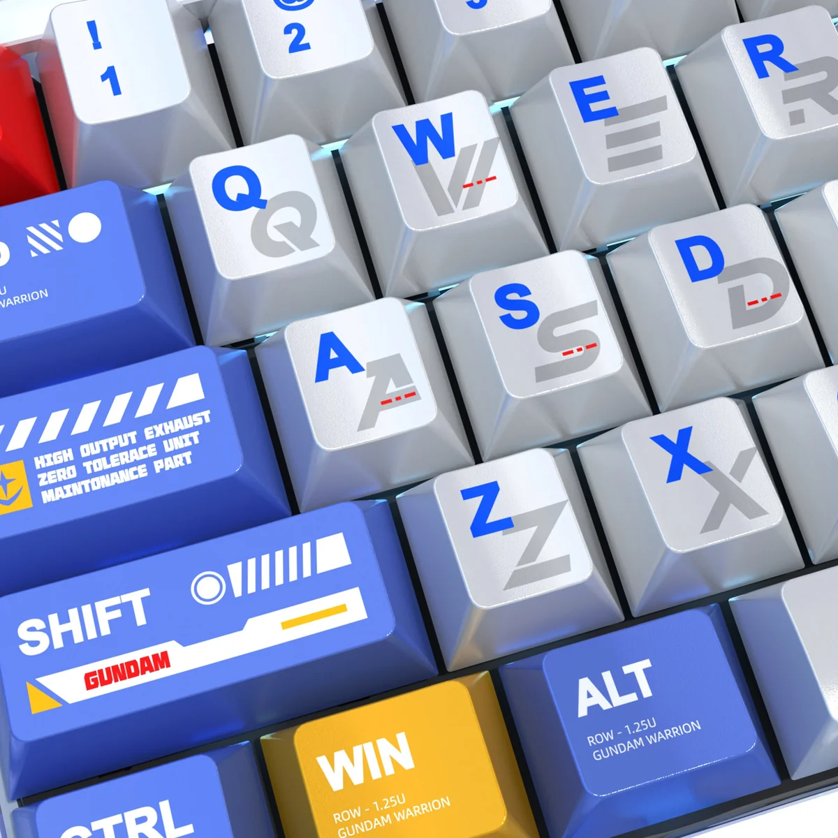 Gundam Metallic PBT keycaps set for Wooting, displayed from diverse angles, highlighting their iconic mecha design and gleaming pearlescent finish.