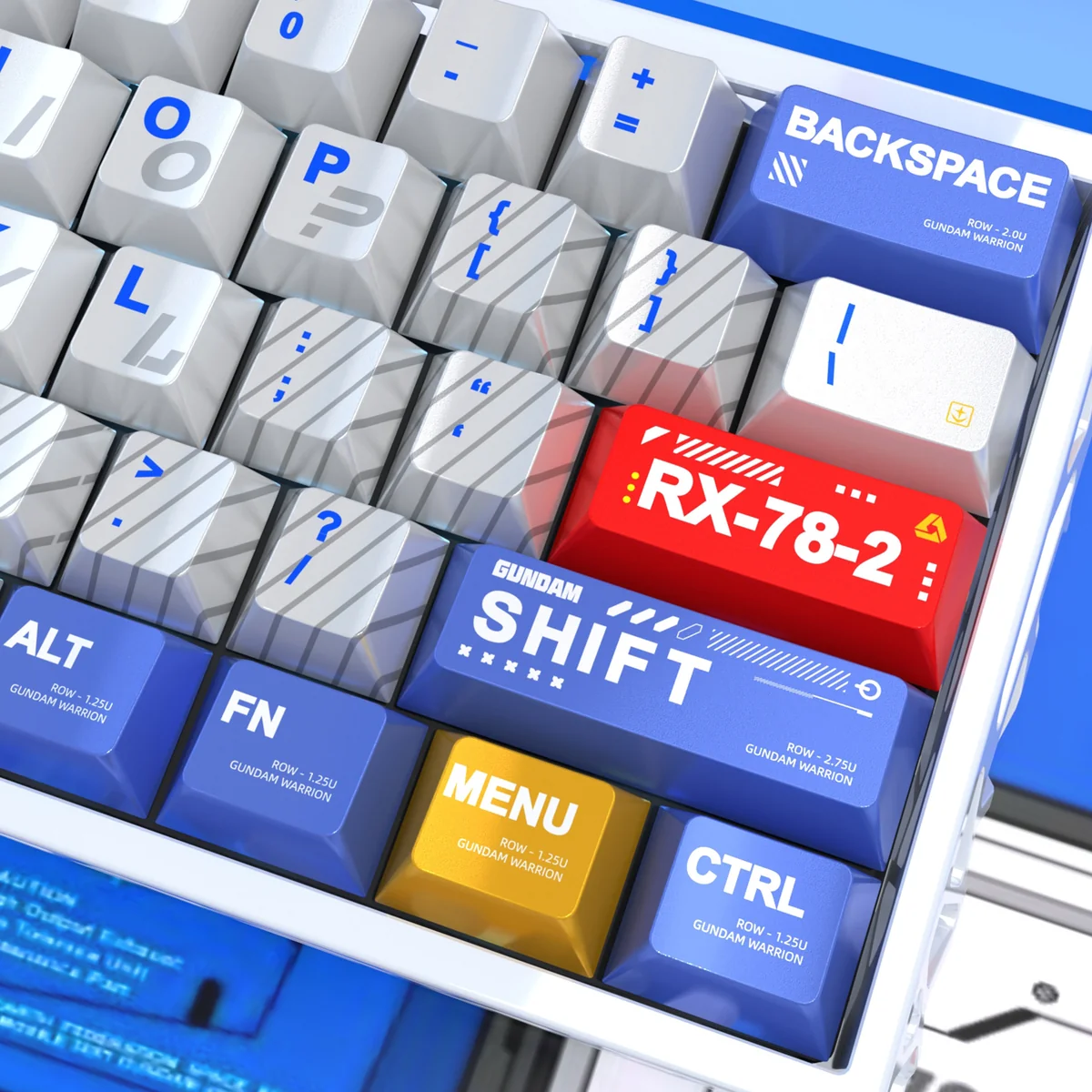 Gundam Metallic PBT keycaps set displayed from multiple angles, highlighting its gleaming mecha aesthetic. Optimized for Wooting magnetic switch keyboard.