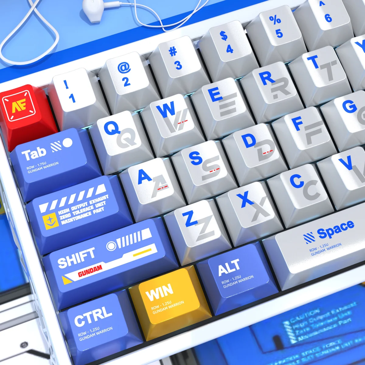 Detailed views of the Gundam Metallic Keycaps set, highlighting the pearlescent mecha PBT finish and magnetic switch compatibility for Wooting keyboard.