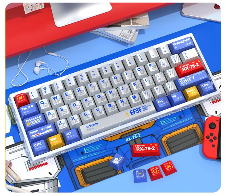 Gundam Pearlescent Metallic PBT keycaps full set for Wooting, showcasing gleaming mecha aesthetics and magnetic switch compatibility.