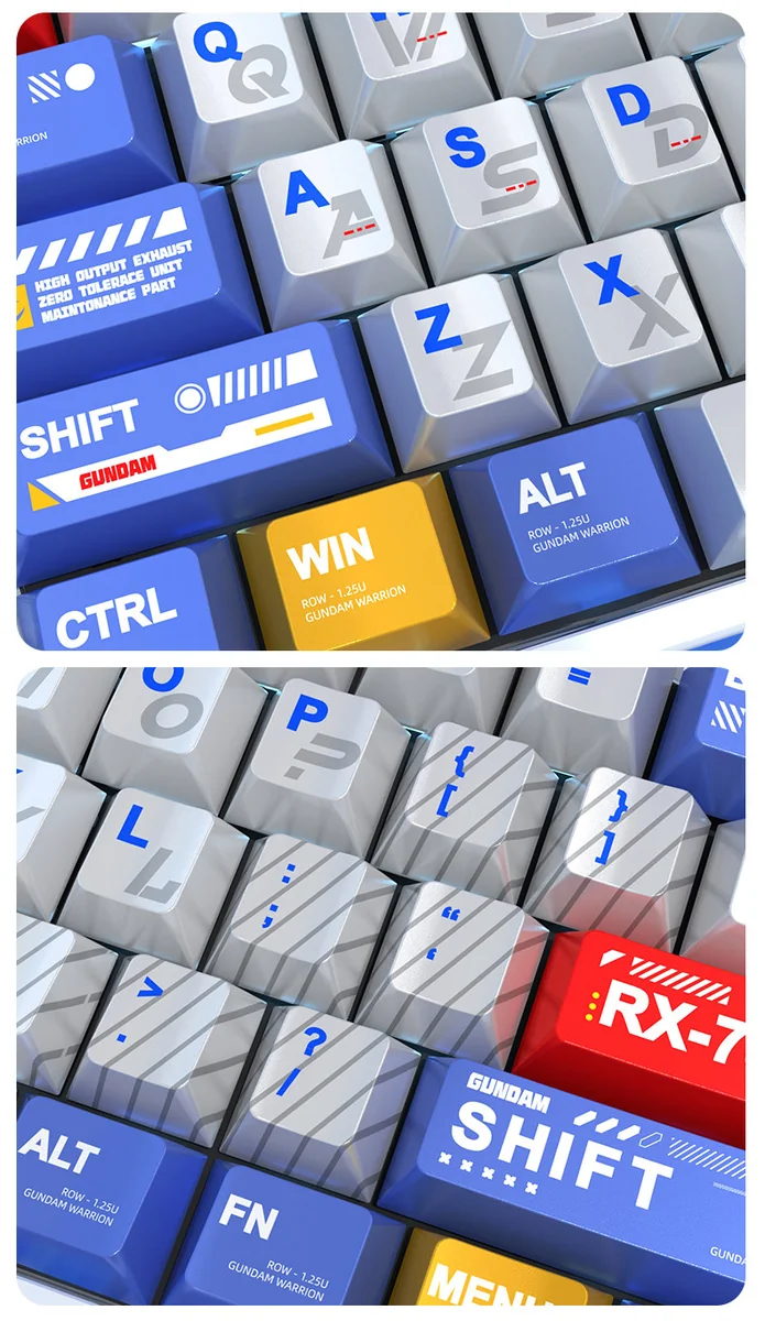 Gallery of premium Gundam Metallic PBT keycaps set, showcasing various angles of their gleaming mecha aesthetics, pearlescent finish, and Wooting magnetic.