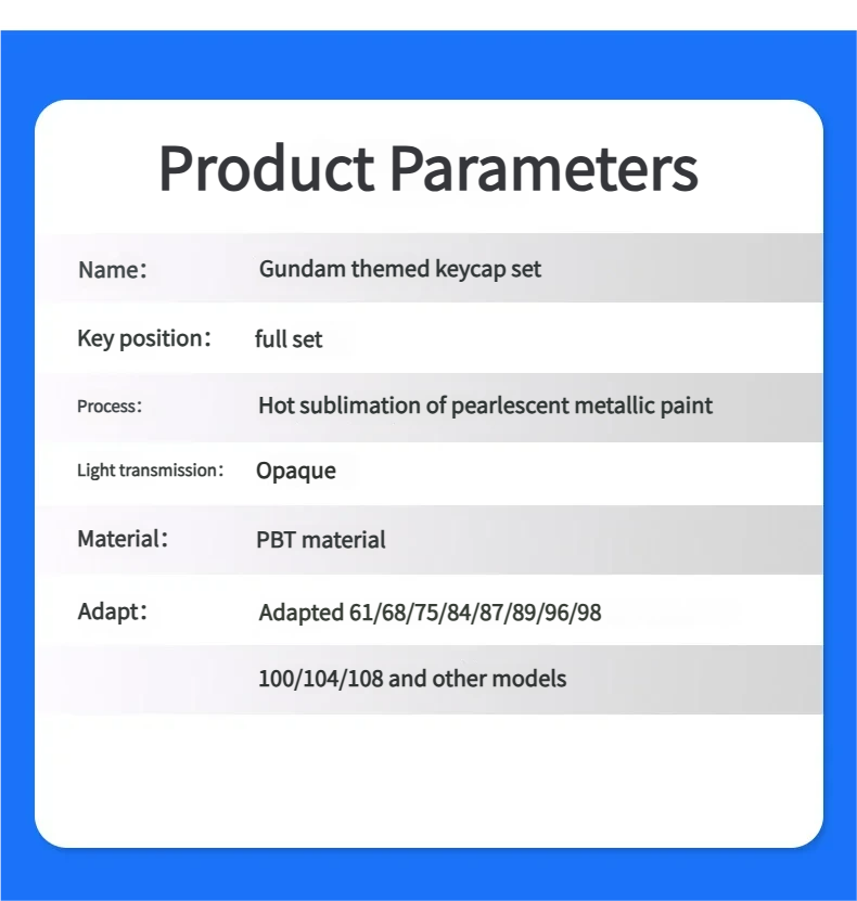 Gundam Metallic PBT keycaps set for Wooting, displayed from diverse angles, highlighting their iconic mecha design and gleaming pearlescent finish.