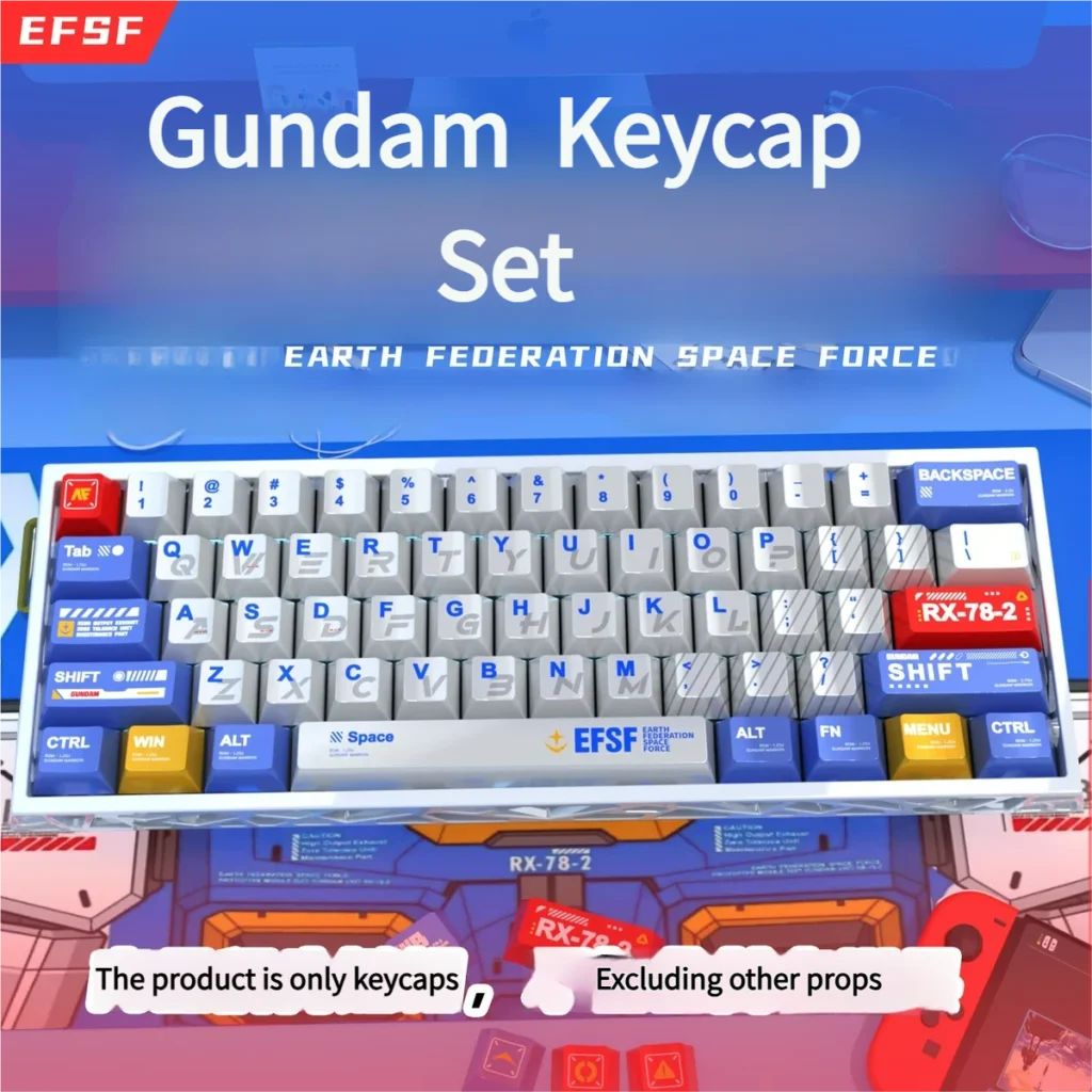 Gundam Metallic Keycaps Set for Wooting, showcasing iconic mecha PBT design with a gleaming pearlescent metallic finish. Magnetic switch compatible.