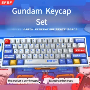 Gundam Metallic Keycaps Set for Wooting, showcasing iconic mecha PBT design with a gleaming pearlescent metallic finish. Magnetic switch compatible.