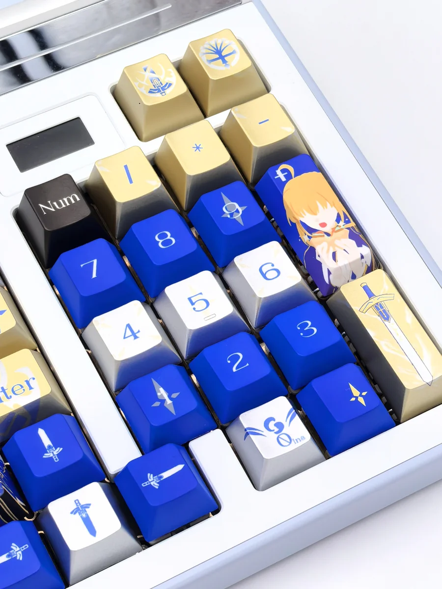 Detailed shot of Saber Excalibur metallic coating PBT dye-sub keycaps set, revealing their heroic fantasy elegance and exclusive Saber-themed design.