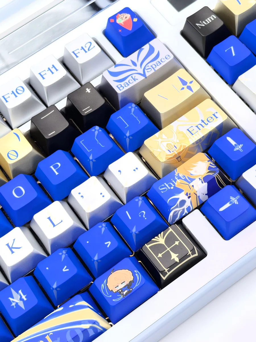A detailed view of the exclusive Saber-themed metallic coating PBT dye-sub keycaps set, highlighting the elegant Excalibur design and premium texture.