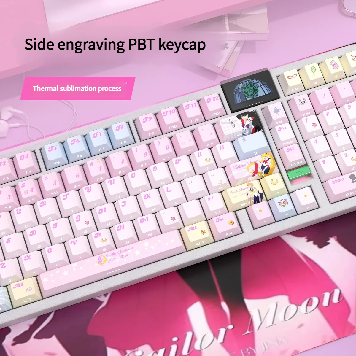 A collection of iconic Sailor Moon side-printed translucent PBT keycaps set, showcasing luminous anime designs and cosmic symbols from various perspective.