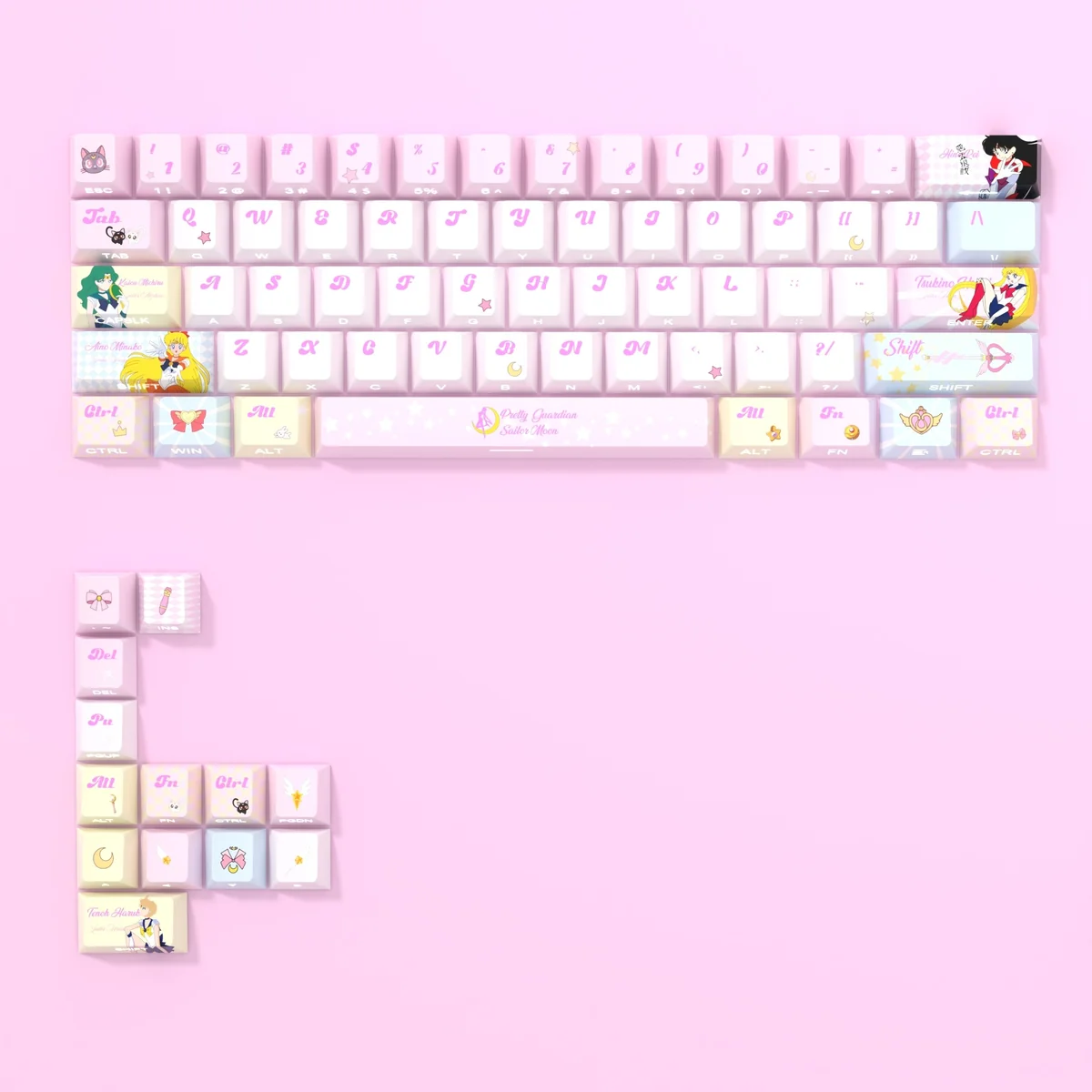 Iconic Sailor Moon side-printed translucent PBT keycaps set showcasing vibrant anime art and luminous cosmic symbols, ideal for 60% or 68% keyboard layout.