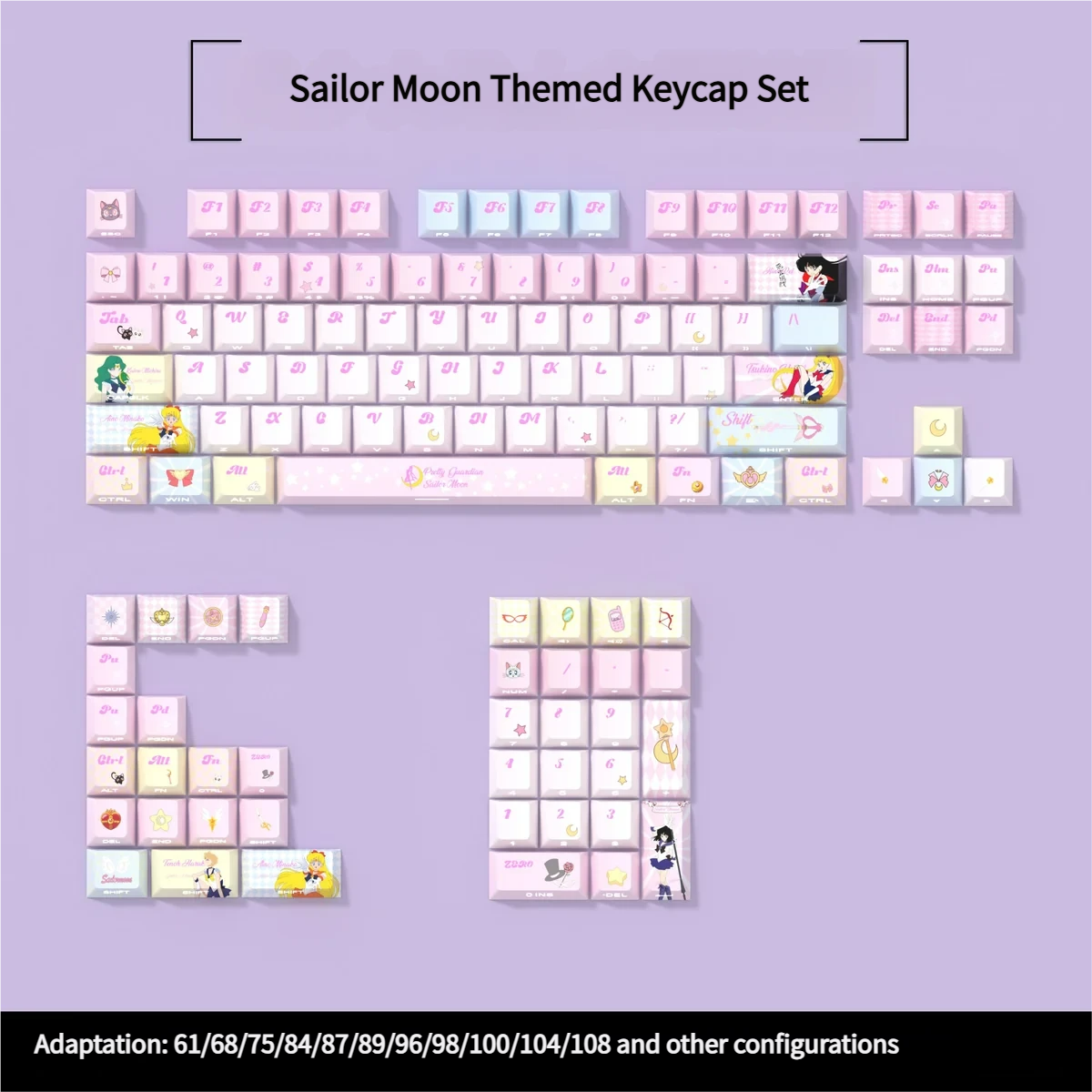 Translucent PBT Sailor Moon keycaps set, a vibrant set showcasing luminous side-printed anime characters and cosmic symbols for a playful, premium look.