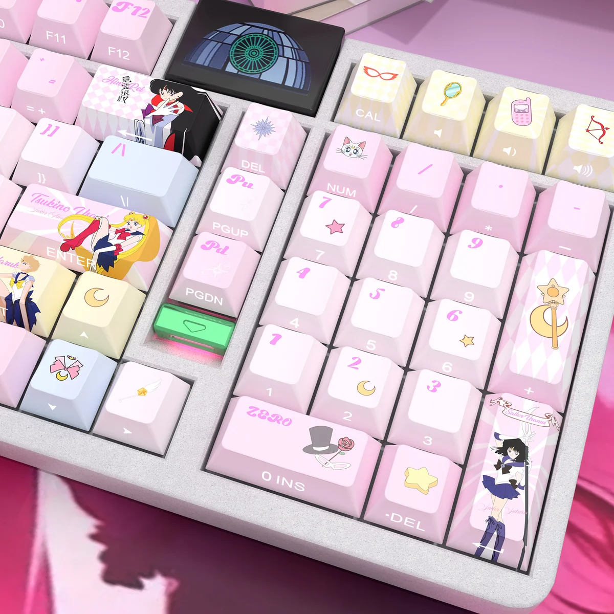 Iconic Sailor Moon Side-Printed Translucent PBT Keycaps Set from multiple angles, showcasing vibrant anime art, luminous legends, and playful cosmic symbol.