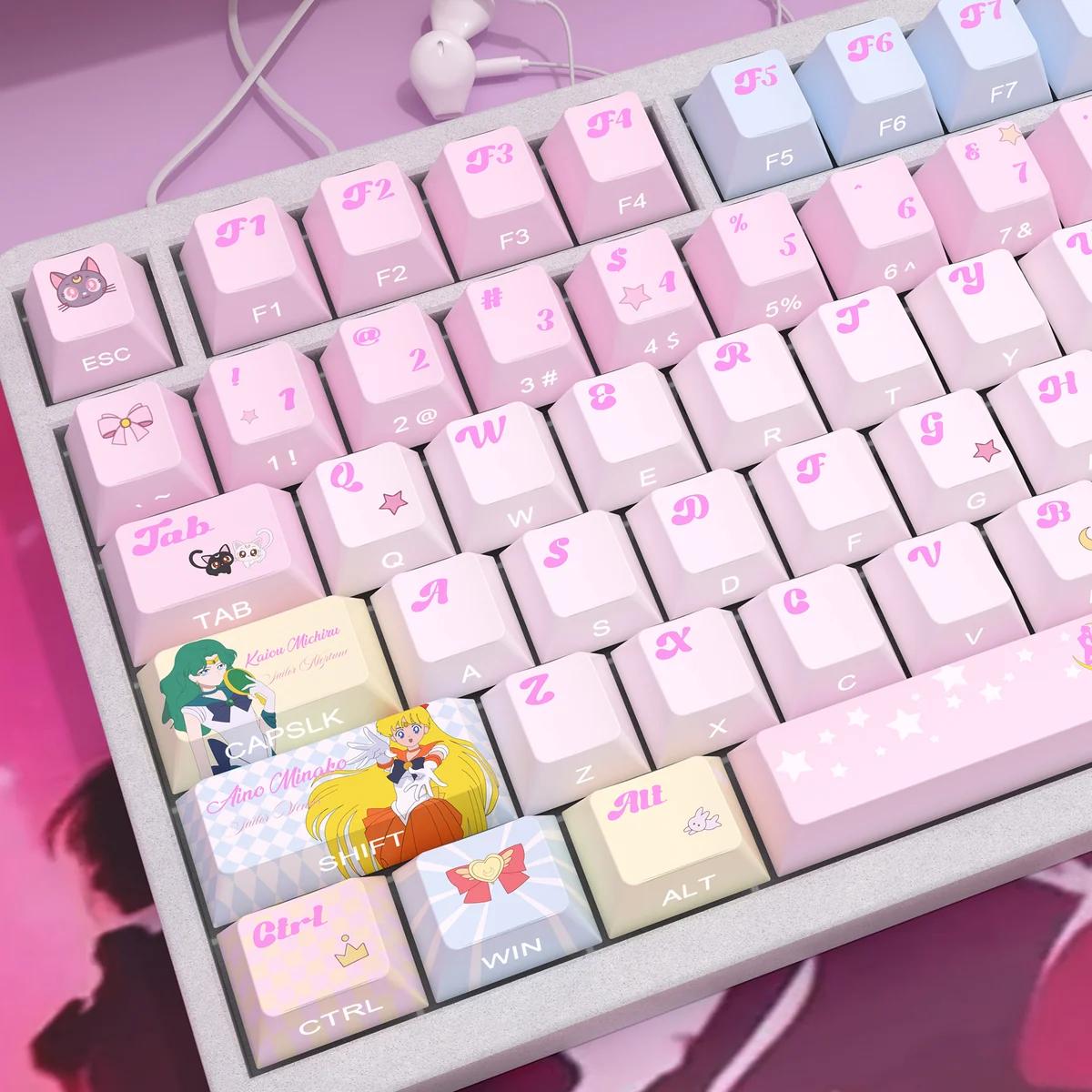 Various angles of Sailor Moon side-printed translucent PBT keycaps set, highlighting luminous anime legends, cosmic symbols, and playful characters.