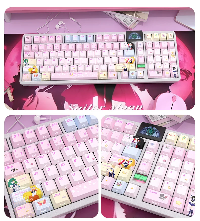 Iconic Sailor Moon side-printed translucent PBT keycaps set displayed from multiple angles, highlighting vibrant anime art, luminous legends, and cosmic design.