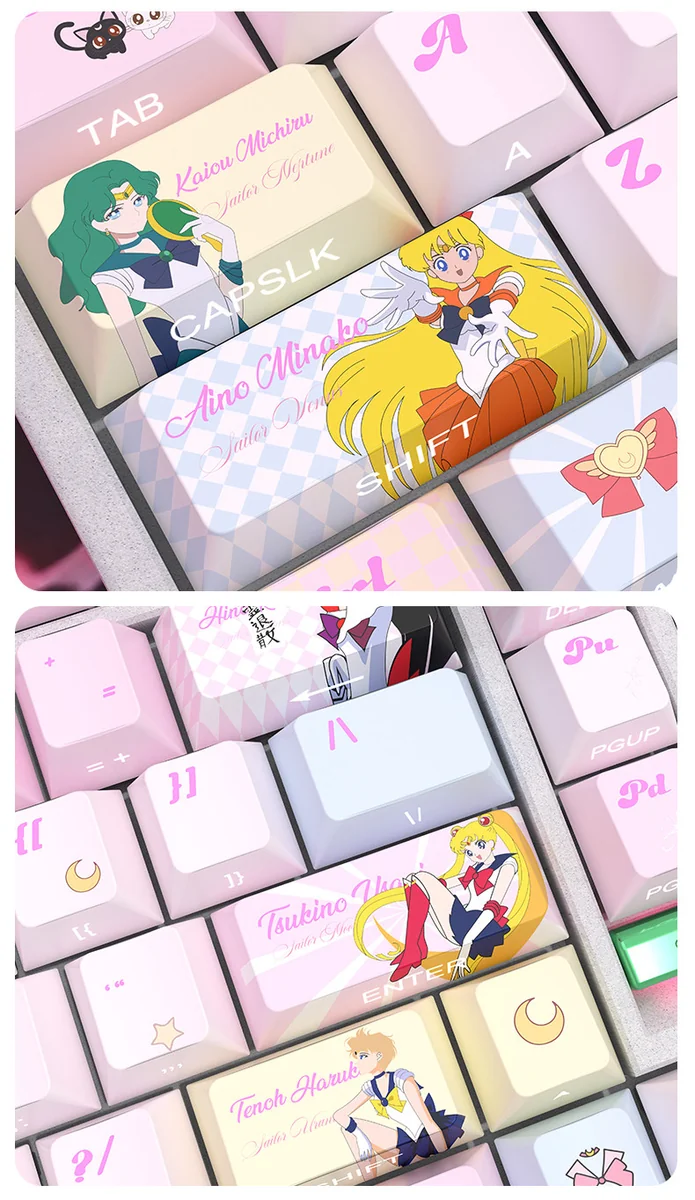 Translucent PBT Sailor Moon keycaps set, a vibrant set showcasing luminous side-printed anime characters and cosmic symbols for a playful, premium look.