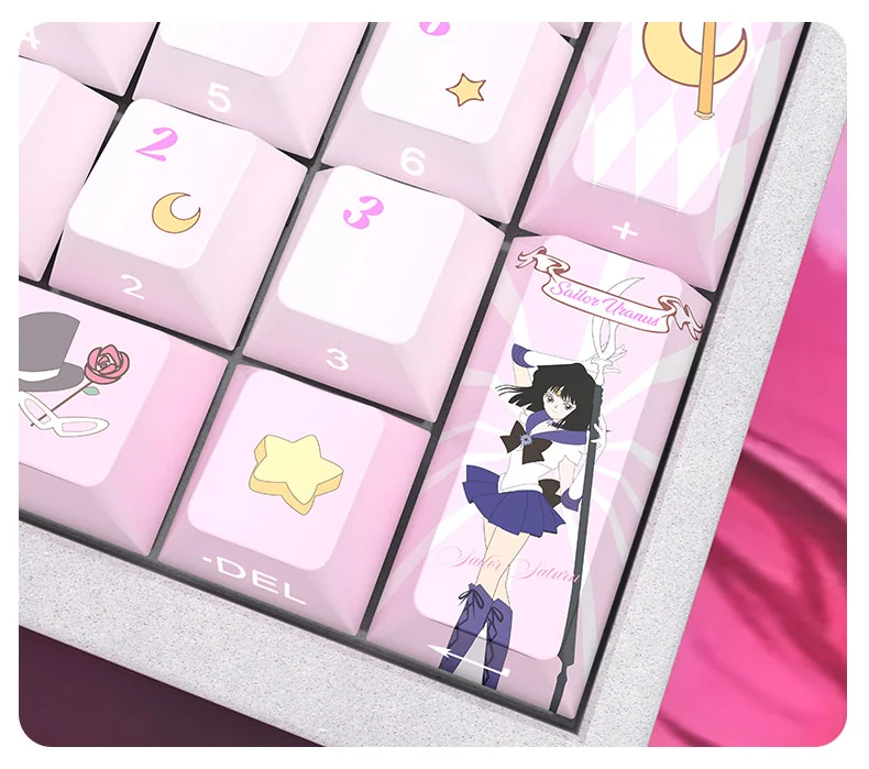 Iconic Sailor Moon side-printed translucent PBT keycaps set showcasing vibrant anime art and luminous cosmic symbols, ideal for 60% or 68% keyboard layout.