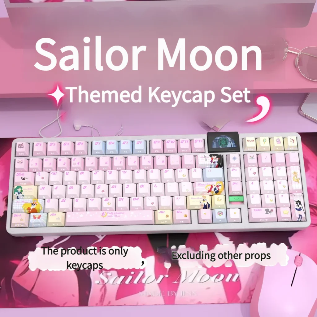 Vibrant Sailor Moon side-printed PBT keycaps set glowing, showcasing iconic anime characters and cosmic symbols on a premium mechanical keyboard.