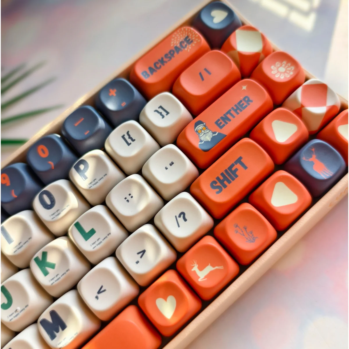 A close-up view of the whimsical Santa Claus Keycap Set, showcasing vibrant PBT dye-sub keycaps featuring festive Santa Claus and Christmas icons from various angles.