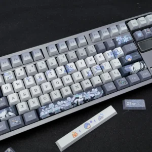 Main display of the exclusive Shaw Keycap Set, a sleek, dark, and mysterious artistic tribute showcasing unique character motifs.