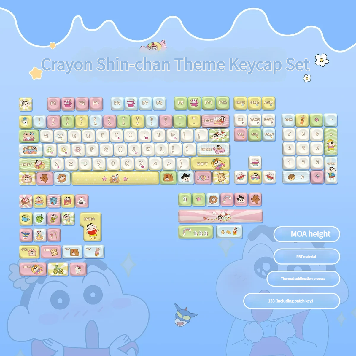 Playful Shin-chan MOA profile keycap set featuring a vibrant Crayon Shin-chan character, showcasing crisp dye-sub PBT for durability.
