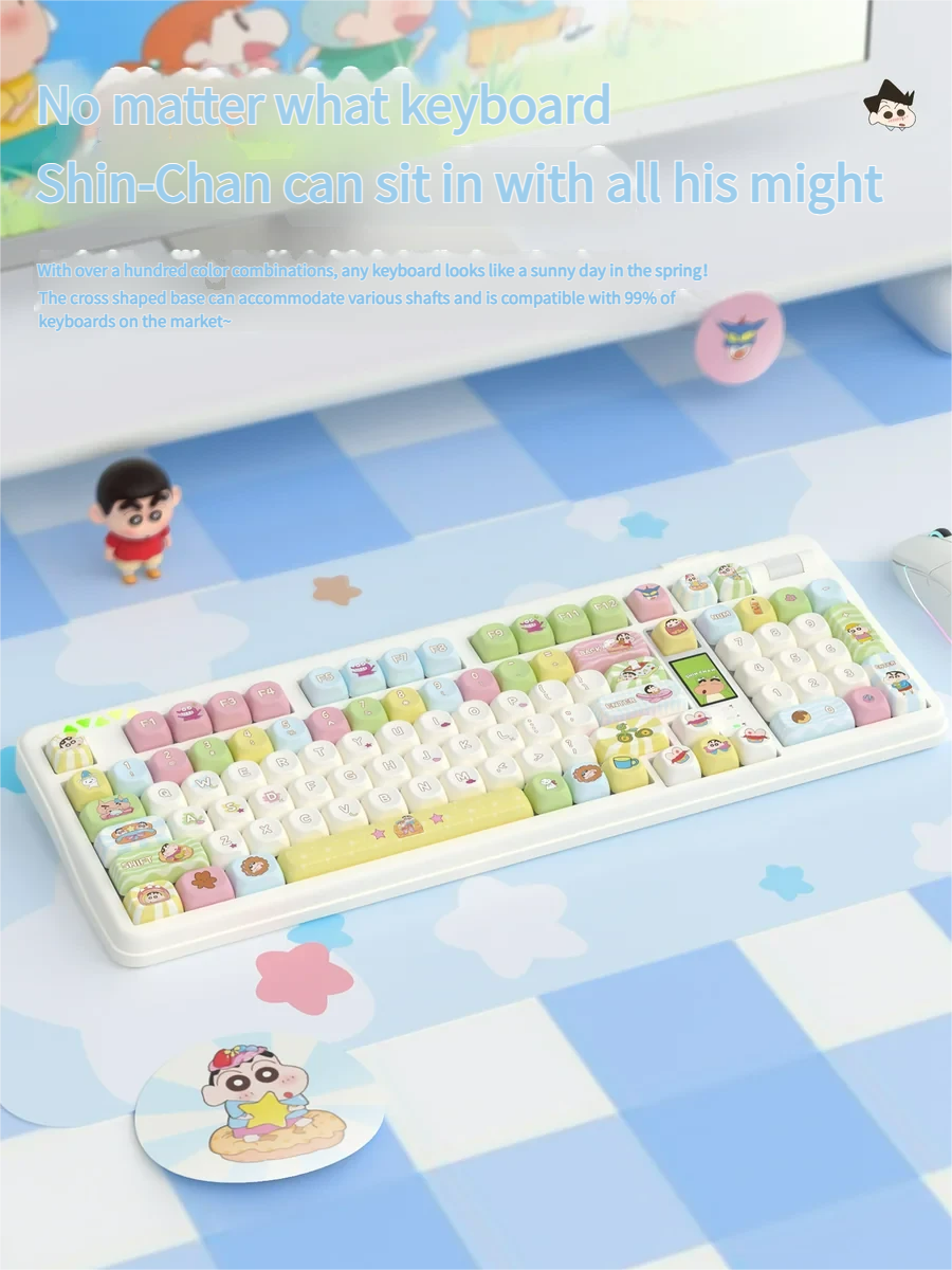 Playful Shin-chan PBT dye-sub keycap set, various angles. Vibrant Crayon Shin-chan characters, crisp on durable PBT.