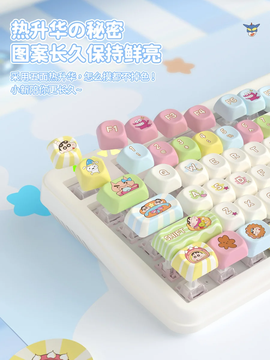 Close-up view of the playful Shin-chan PBT dye-sub keycap set, showcasing vibrant cartoon characters from various angles with crisp, durable details.