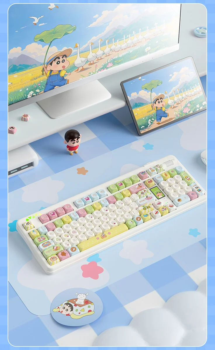 Vibrant Shin-chan PBT dye-sub keycap set, viewed from a unique angle, emphasizing its durable construction and playful cartoon artwork.