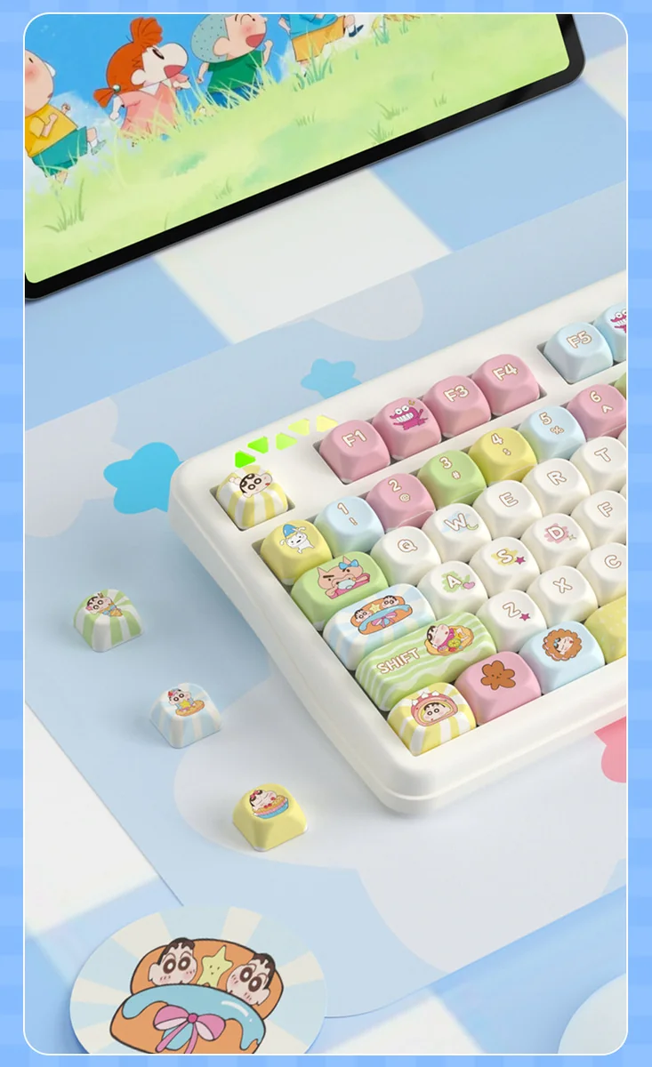 Playful Shin-chan MOA profile keycap set featuring a vibrant Crayon Shin-chan character, showcasing crisp dye-sub PBT for durability.