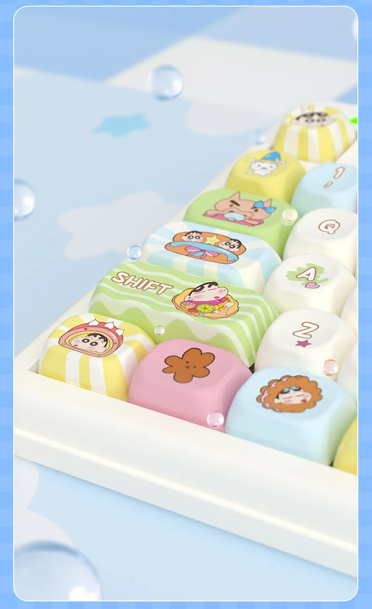 Close-up view of the playful Shin-chan PBT dye-sub keycap set, showcasing vibrant cartoon characters from various angles with crisp, durable details.