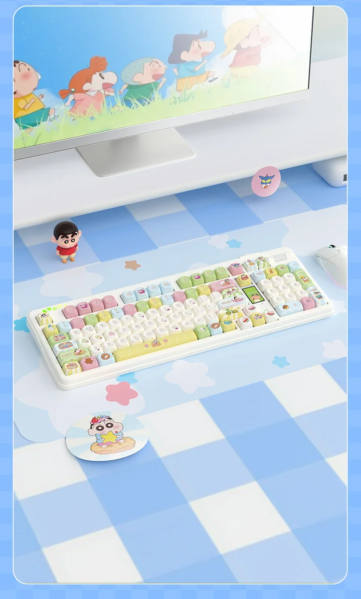 Close-up of a vibrant Shin-chan PBT dye-sub keycap set, showcasing mischievous Crayon Shin-chan characters and crisp, durable legends from a playful angles.