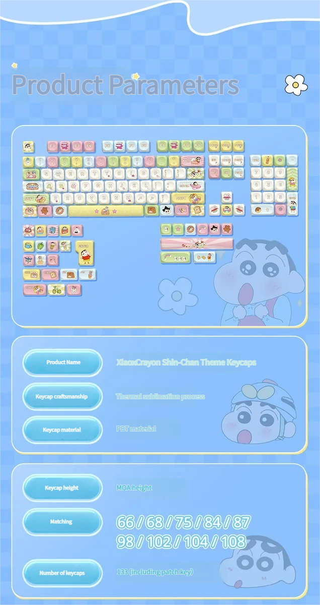 Playful Shin-chan MOA profile keycap set featuring a vibrant Crayon Shin-chan character, showcasing crisp dye-sub PBT for durability.