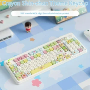 Playful Shin-chan keycap set in vibrant PBT dye-sub, showing beloved Crayon Shin-chan characters adding mischievous fun to your keyboard.
