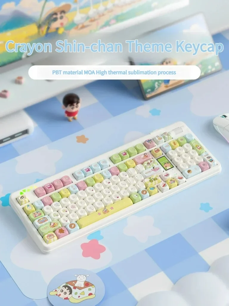 Playful Shin-chan keycap set in vibrant PBT dye-sub, showing beloved Crayon Shin-chan characters adding mischievous fun to your keyboard.