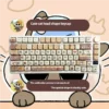 Adorable Siamese cat PBT keycap set showcasing vibrant dye-sub illustrations from multiple angles, highlighting premium durability and playful design.
