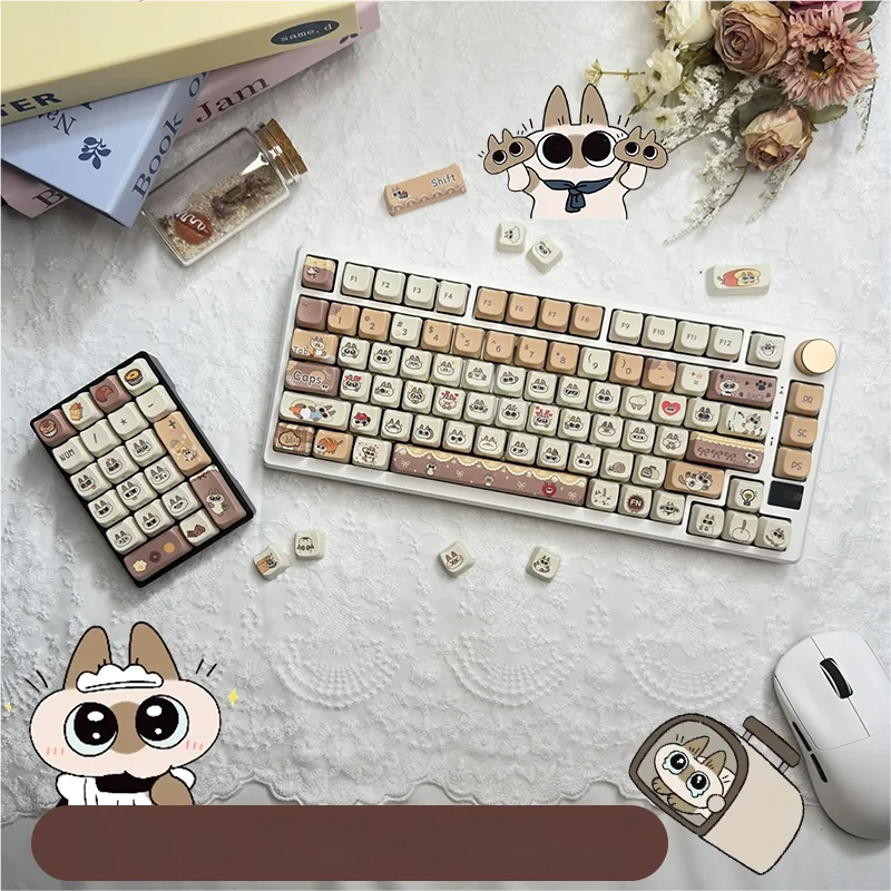 Adorable Siamese cat PBT keycaps set. Unique dye-sublimated designs of playful Siamese cats in warm, soft colors on durable PBT, shown from various angles.