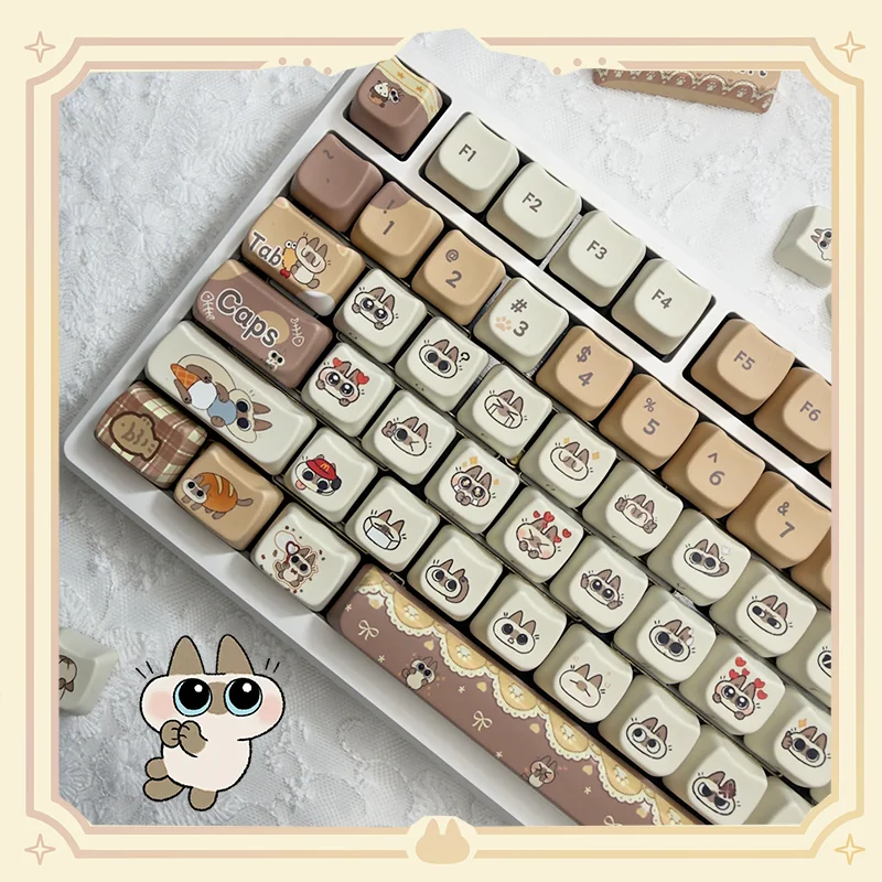 Adorable Siamese cat PBT keycap set shown from various angles, highlighting the unique dye-sub illustrations and durable PBT material with warm, soft.