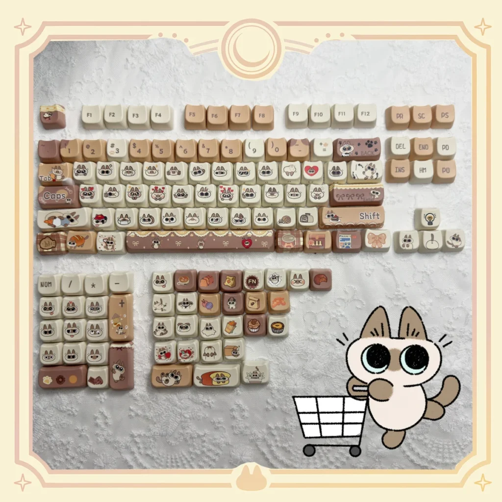 Adorable Siamese cat PBT keycap set showcasing various angles of the unique dye-sub designs on durable PBT, featuring warm, soft colors.