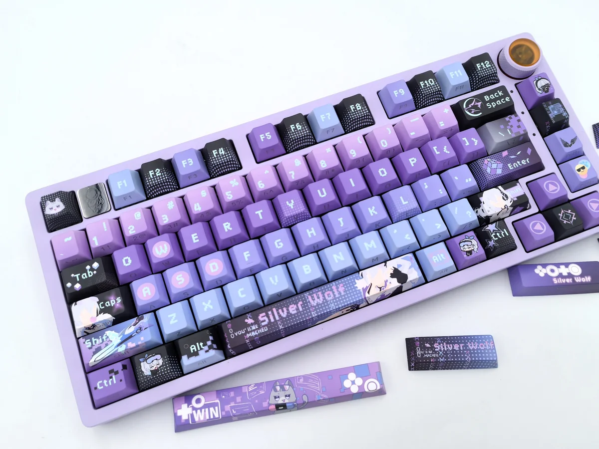 Exclusive Honkai Star Rail Silver Wolf Keycaps set, displaying its premium futuristic cyberpunk design and character details from various angles.