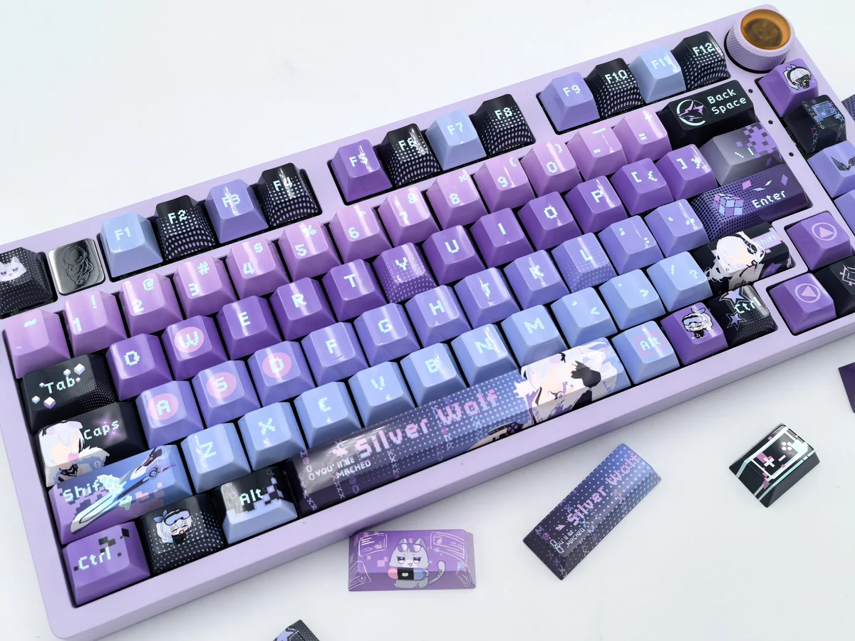 Exclusive Honkai Star Rail Silver Wolf keycaps set, showcasing its futuristic cyberpunk aesthetic and intricate details from multiple angles.